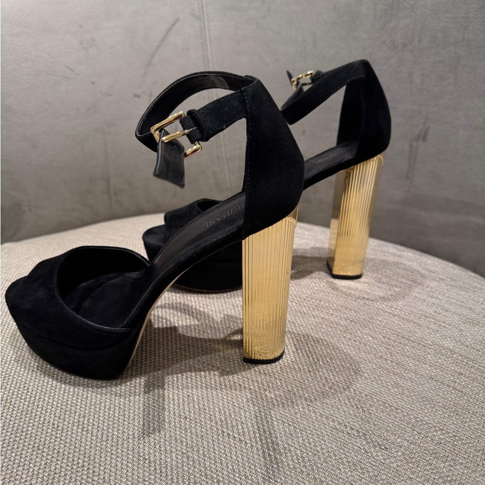 Michael Kors Suede Platform Sandals with Gold Block Heel - Size 7.5M